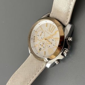 Michael Kors Women’s Watch (Gold Chrono with white leather strap)
